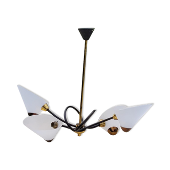 Arlus chandelier from the 60s 4 arms in gilded brass and black metal conical plastic tulips