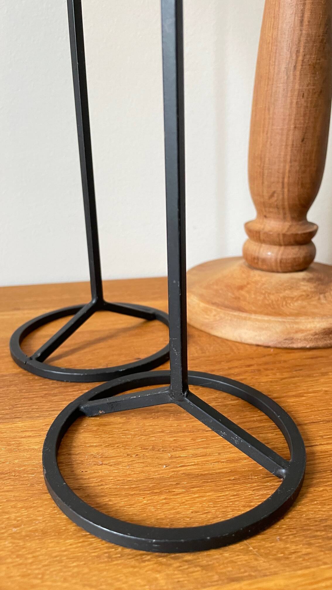 Trio of Vintage Teak and Steel Candlesticks