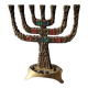 Menorah/Candlestick with 7 light arms. In old gold patinated brass/Decor 12 astrological signs. Engraved Jerusalem. Height 14 cm
