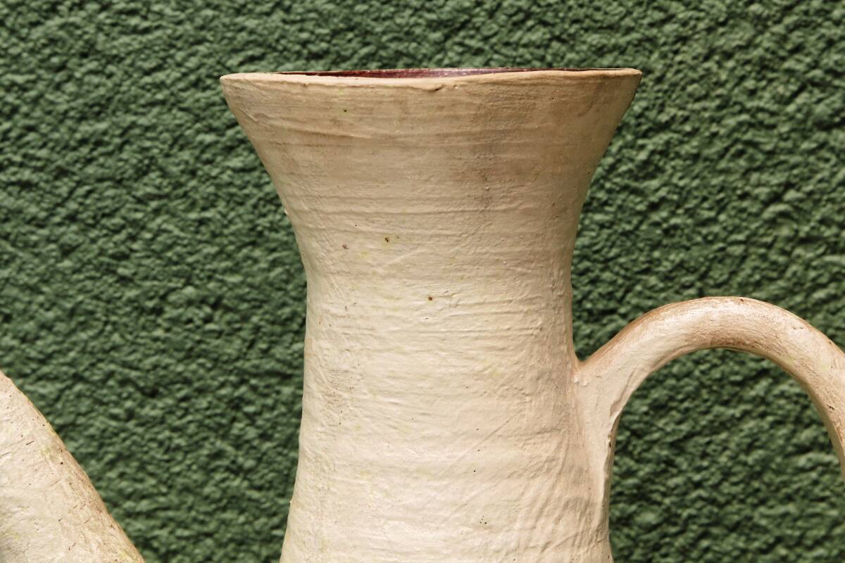 Vessel, jug, signed, 1950s, red terracotta, cream slip.