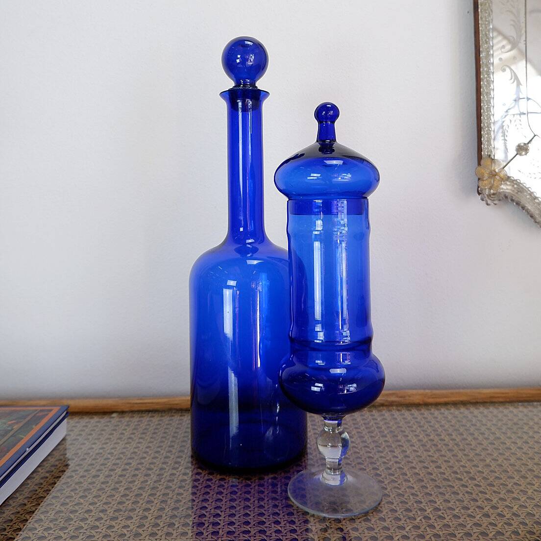 Blue glass carafe and candy box