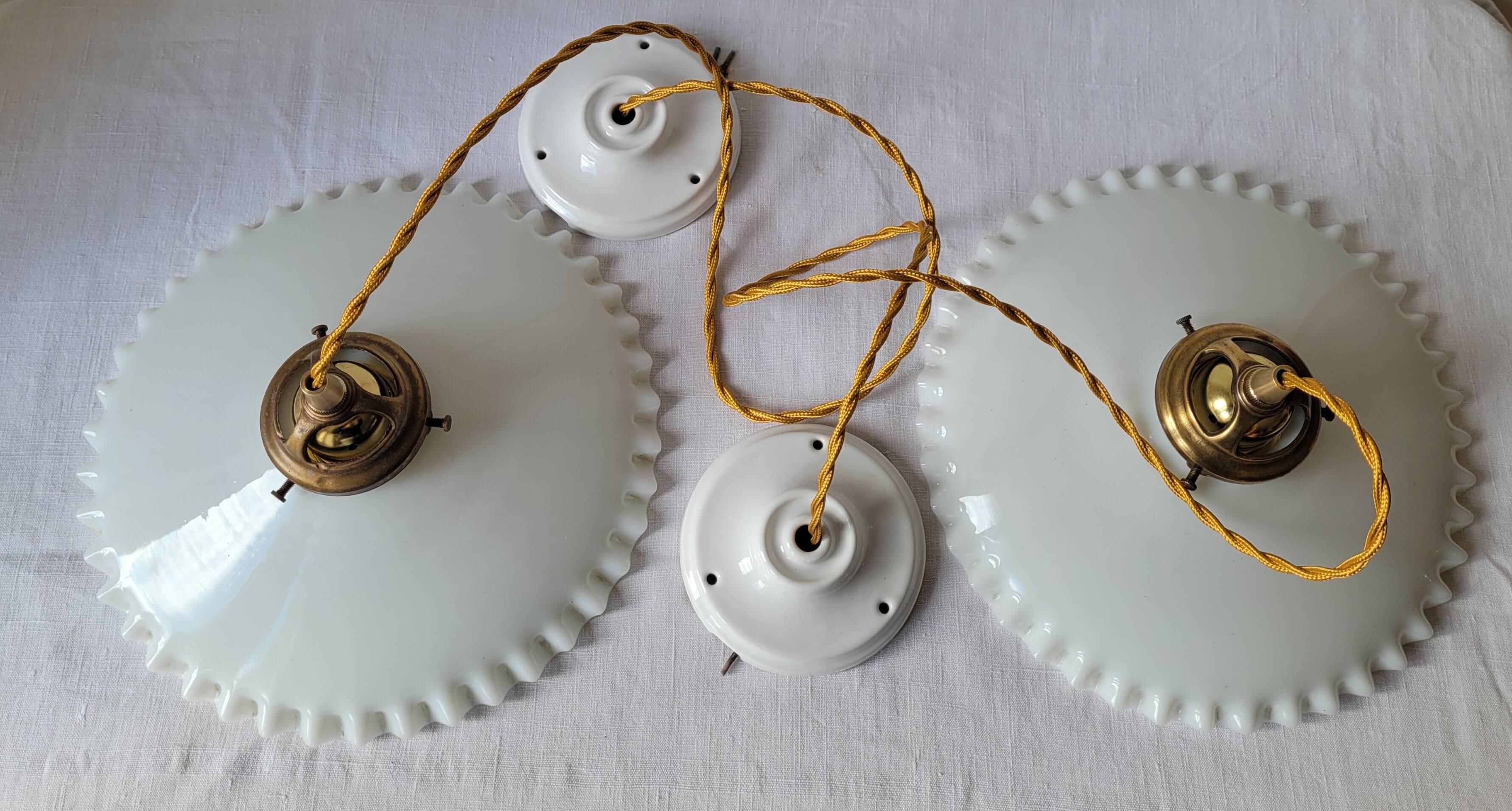 Duo of white opaline pendant lights