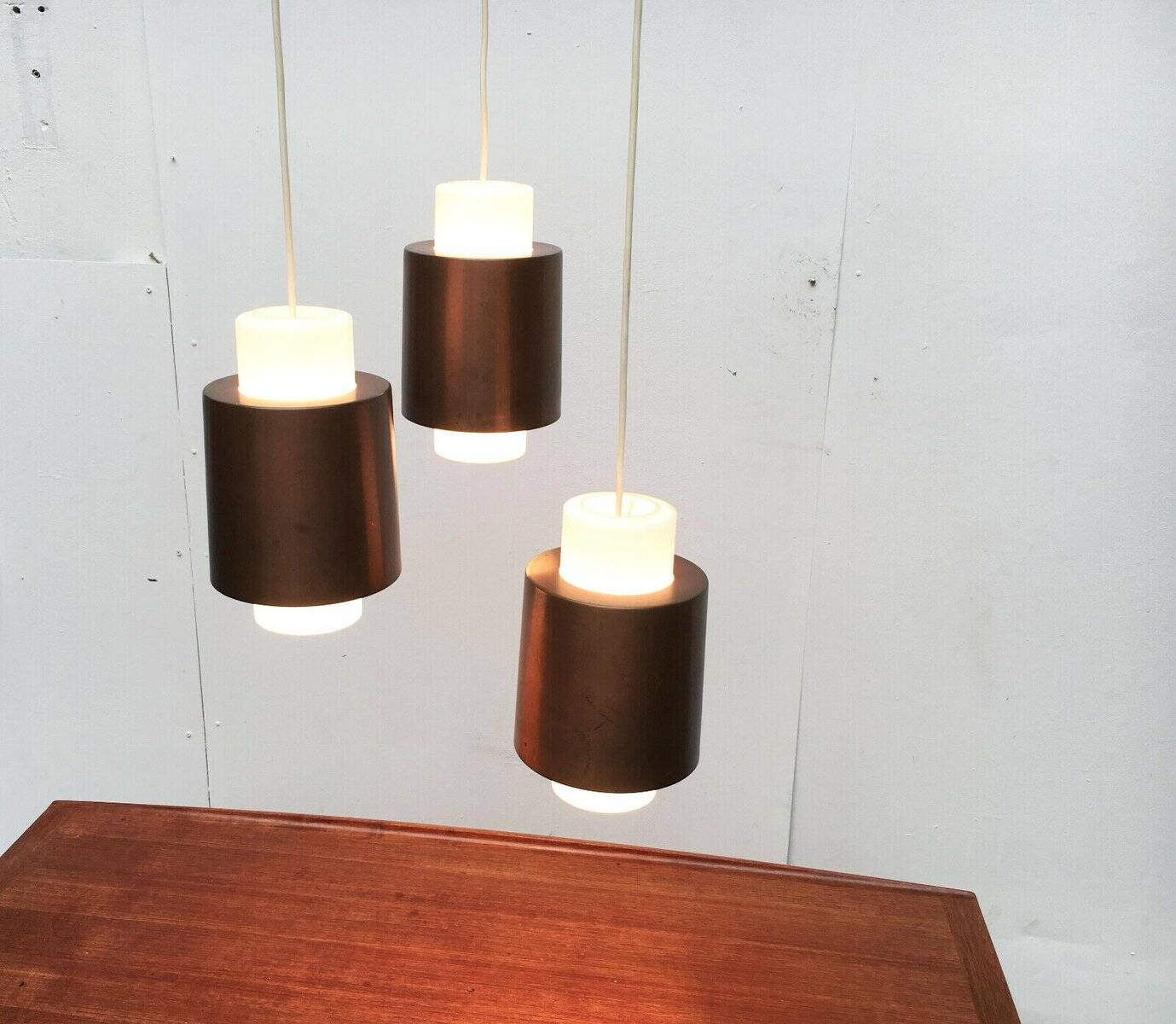 Triple cascade pendant lamp in copper and glass from the modern German space age of the mid-century by Staff, 1960s.