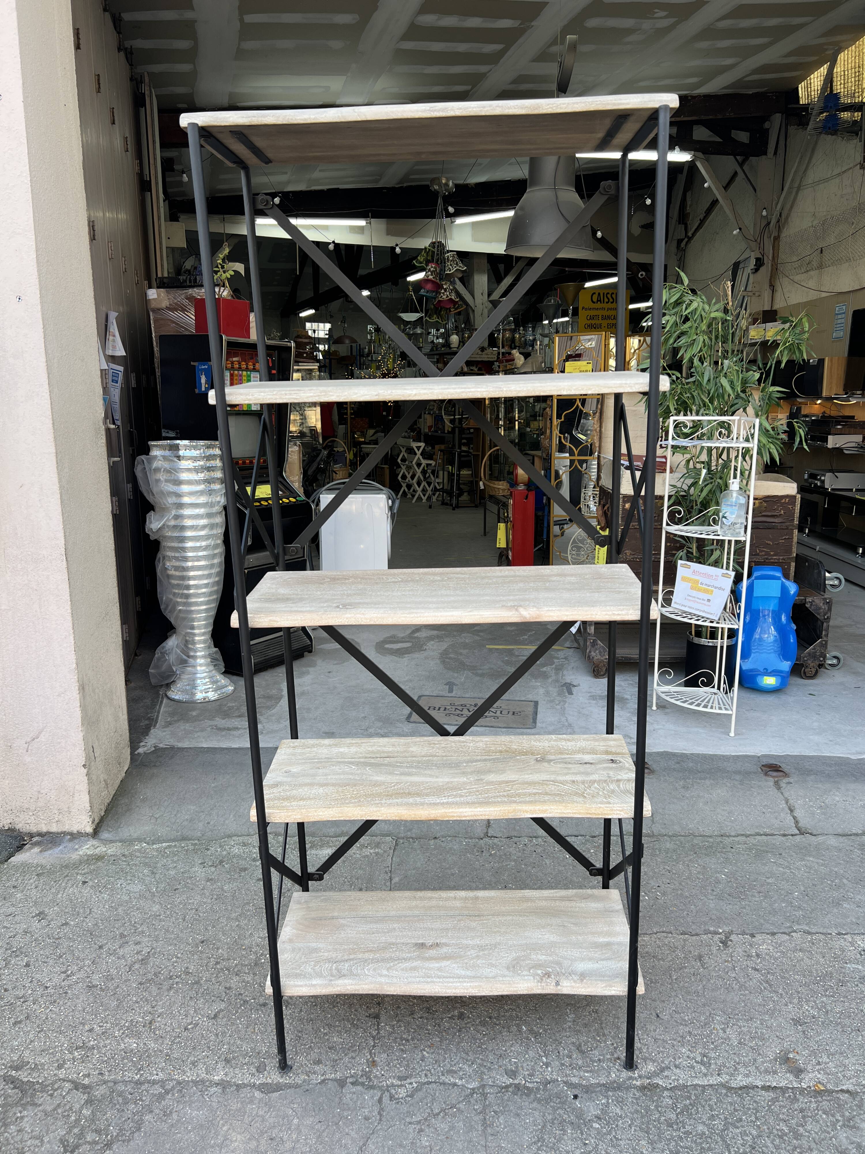 Industrial-style shelf in light wood and cast iron