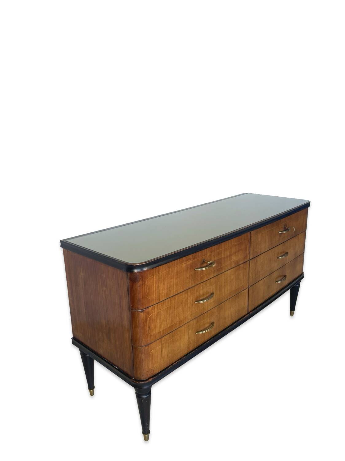 Commode en acajou plaqué avec plateau en verre vert, années 1950