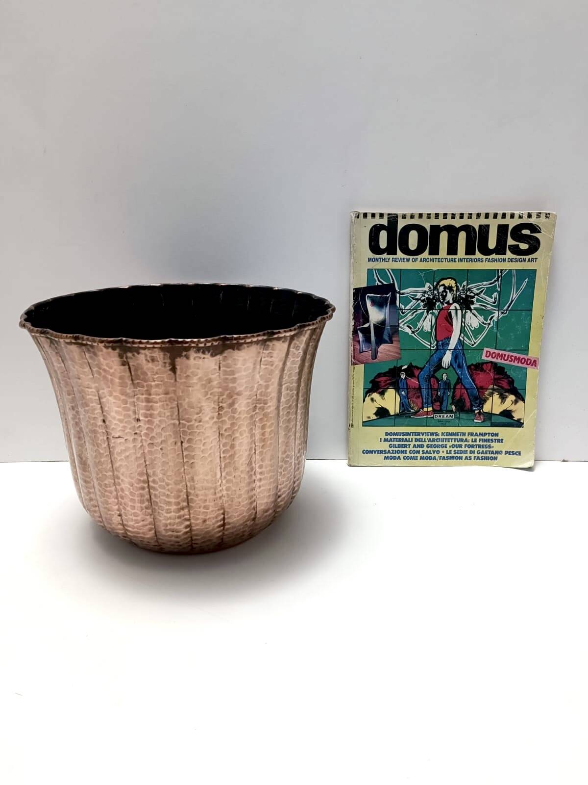 Round Embossed Copper Cachepot / Vase in the style of Egidio Casagrande