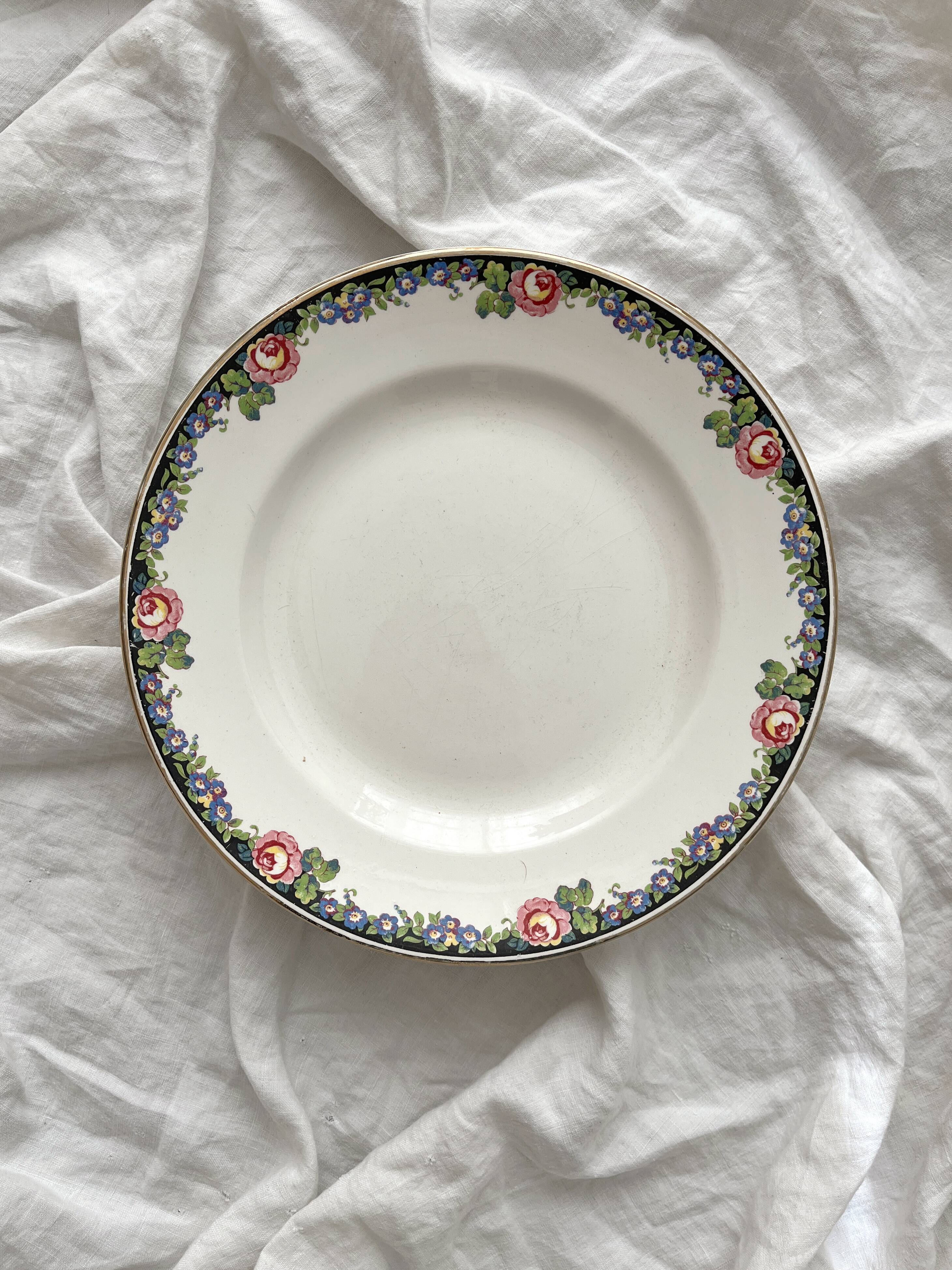 Compotier bas frise fleuries noire Digoin et Sarreguemines vintage