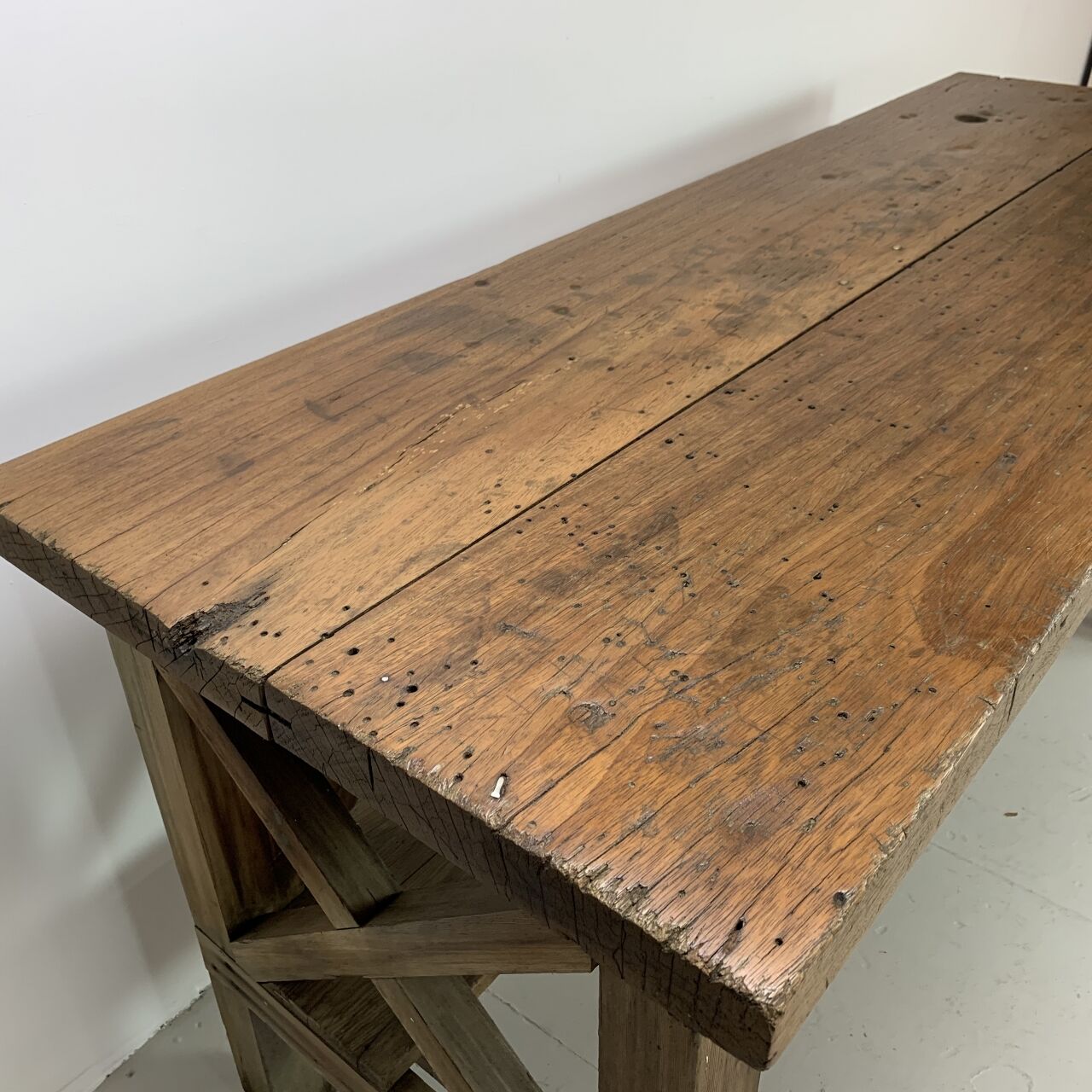 Vintage 1930s industrial work bench in mahogany and oak