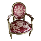 Louis XVI cabriolet armchair in gilded wood – medallion backrest and fabric