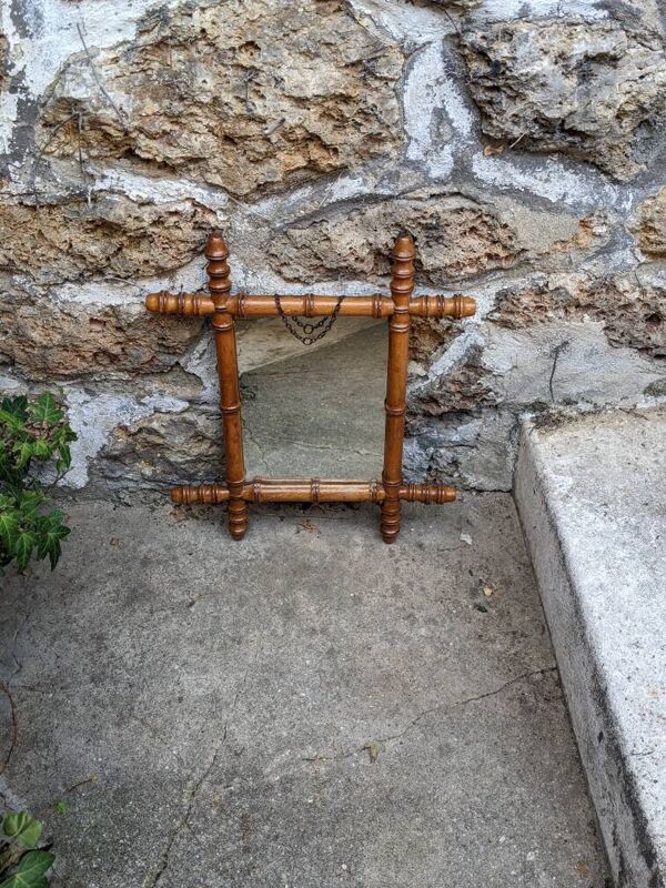 Miroir vintage bois effet bambou décoration campagne brocante chaînette