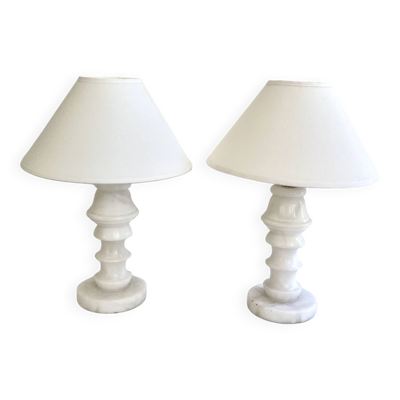 Duo lampes albâtre, cables 2x2M tissu, abat-jours coton
