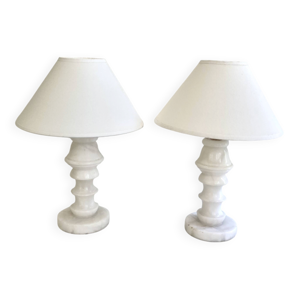 Duo lampes albâtre, cables 2x2M tissu, abat-jours coton