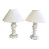 Duo lampes albâtre, cables 2x2M tissu, abat-jours coton