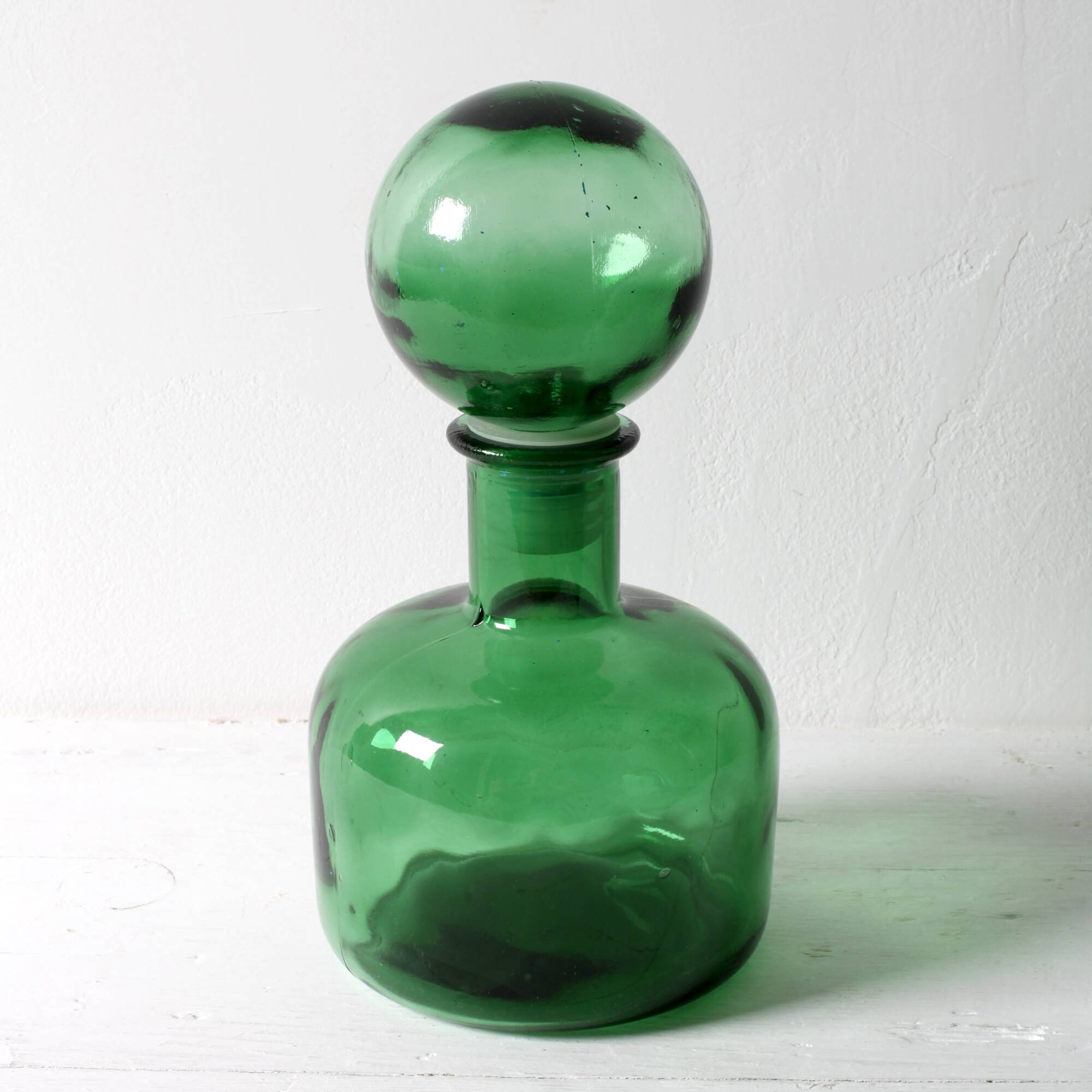 Emerald Green Glass Decanter / Genie Bottle with Stopper / Empoli / 1960s