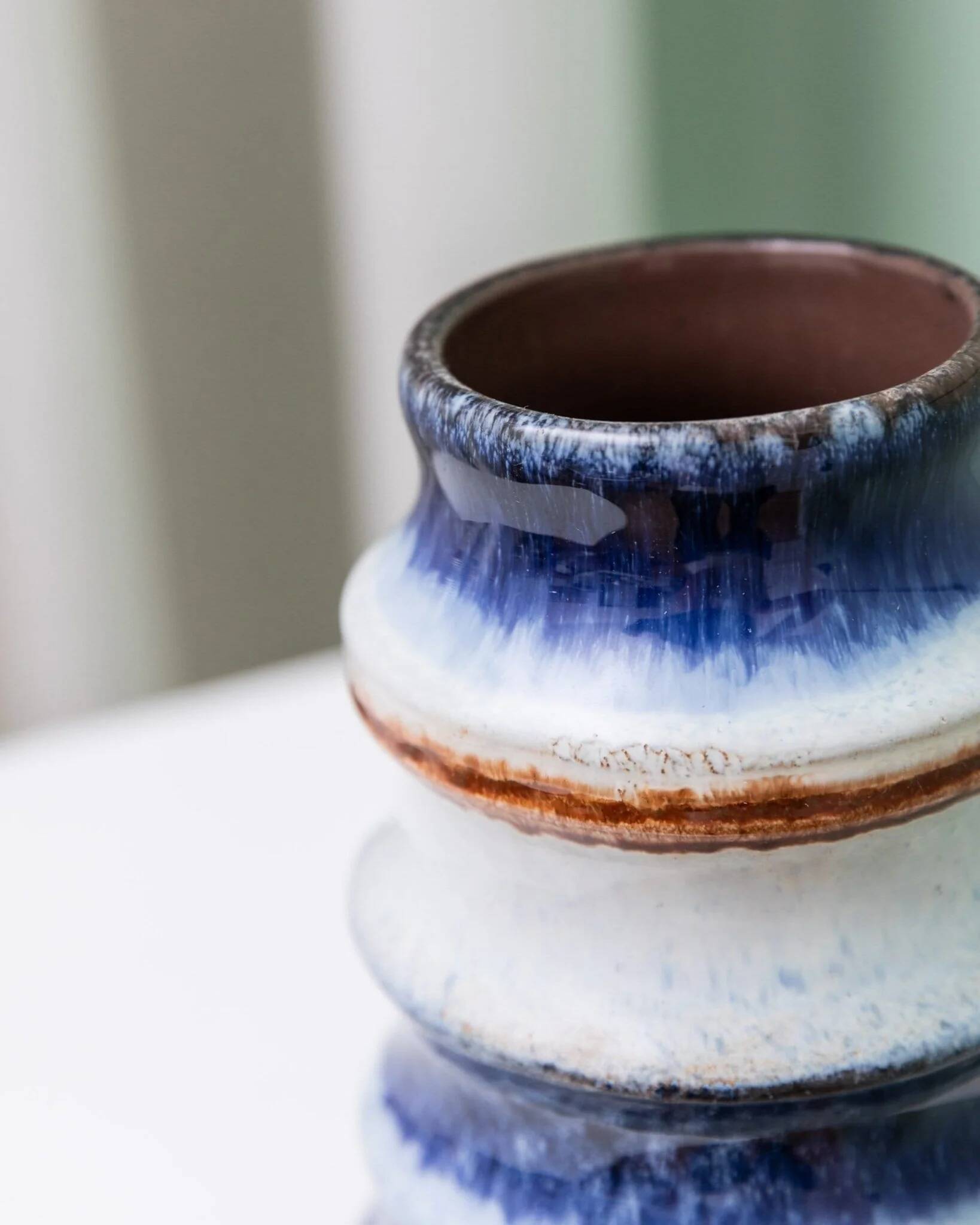 Blue and White Striped Ceramic Vase by Strehla – German Mid-Century, 1960s