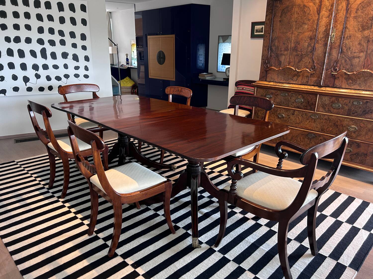 Antique Georgian twin pedestals dining table and 10 chairs