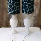 Pair of alabaster bedside lamps with blue leopard shades