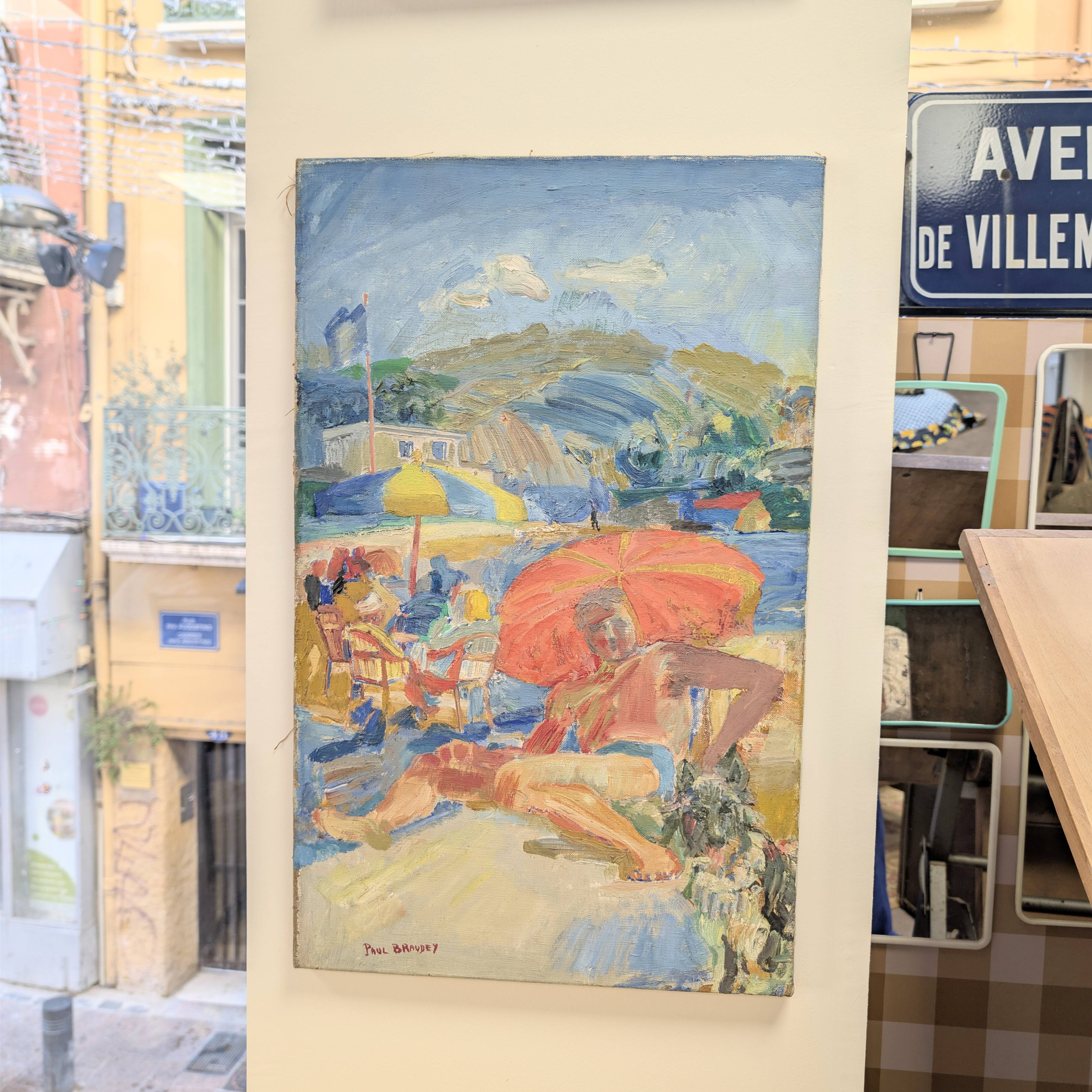 Canvas signed by Paul Braudey – Beach scene, oil on canvas 61 × 38 cm