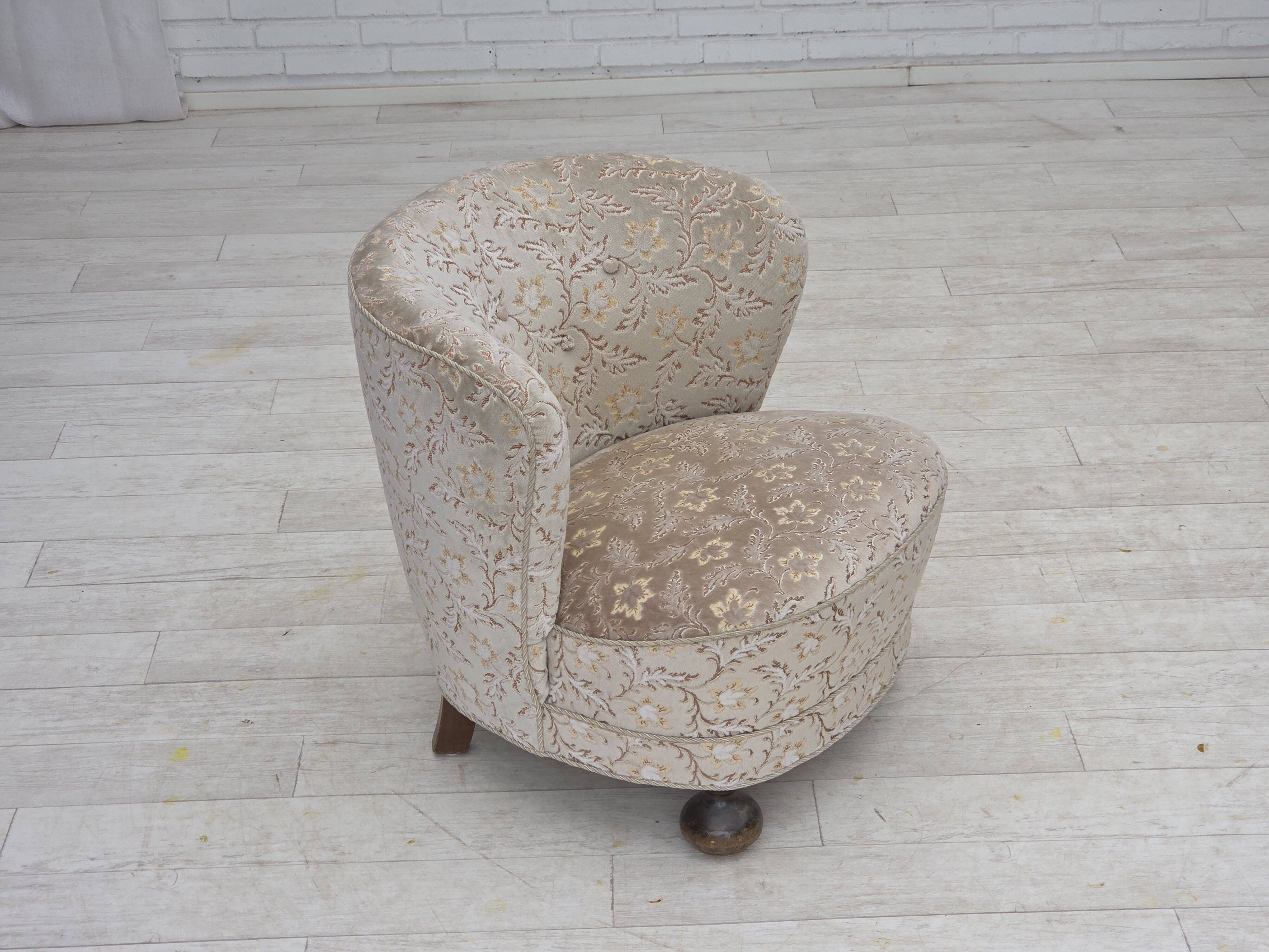 1970s, Danish curved armchair, original light green/gray furniture velour.