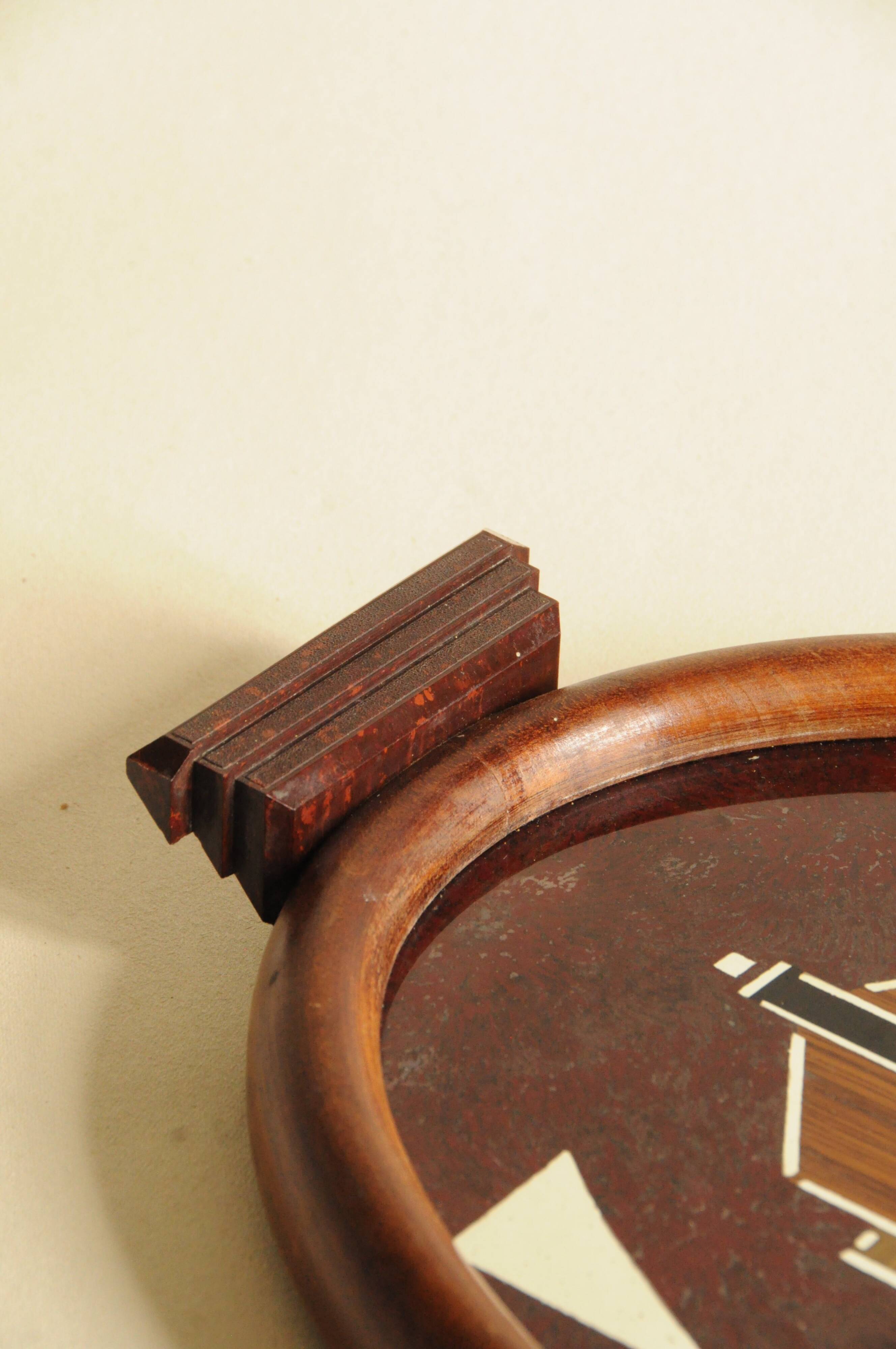 Old Oval Art Deco Wooden Plate - Bakelite Glass - Geometric Pattern