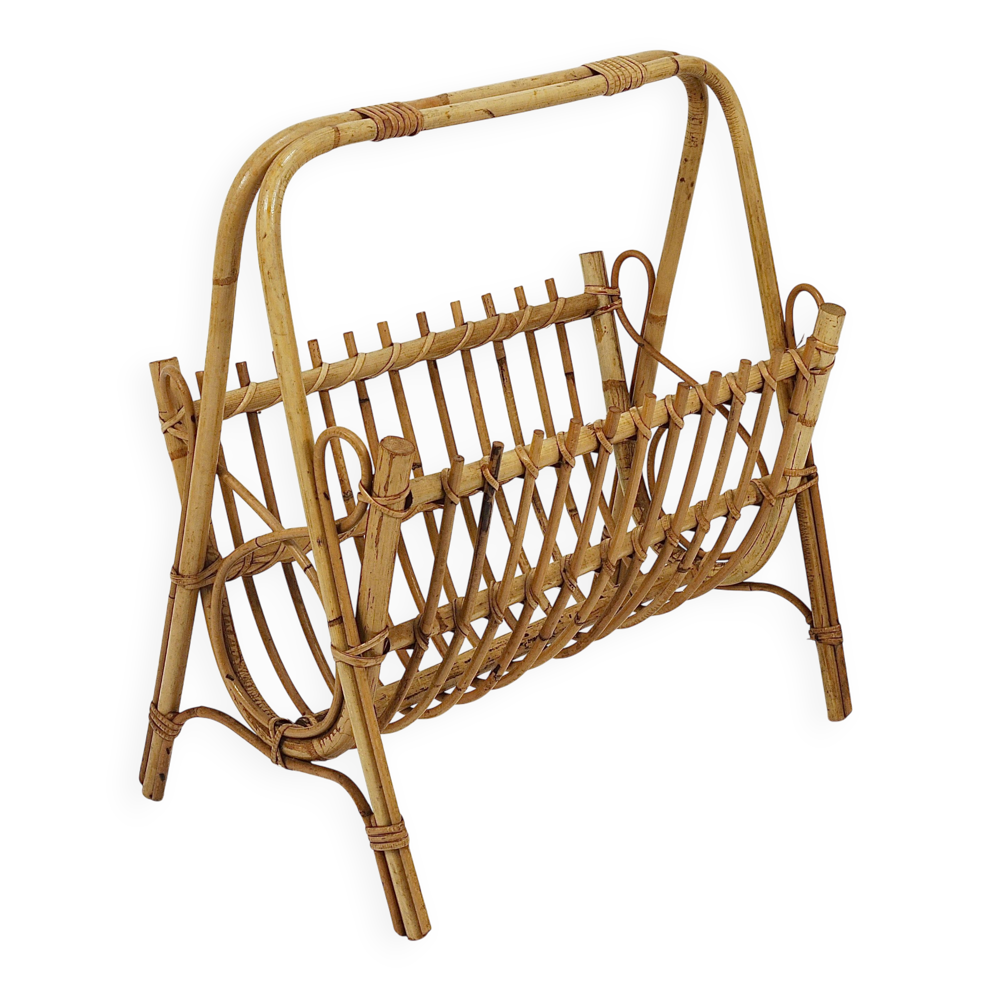 Bamboo and rattan magazine rack in the style of Franco Albini, Italy, 1950s.