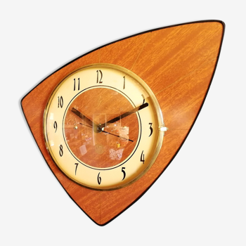 Horloge formica vintage pendule murale silencieuse asymétrique "SMI bois doré"