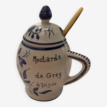 Gray Poupon mustard pot 1777 blue earthenware with horn spoon