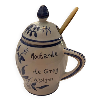 Pot à moutarde Grey Poupon 1777 faïence bleue avec cuillere en corne