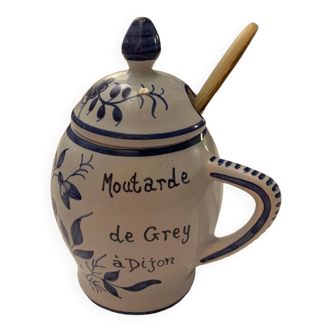 Gray Poupon mustard pot 1777 blue earthenware with horn spoon