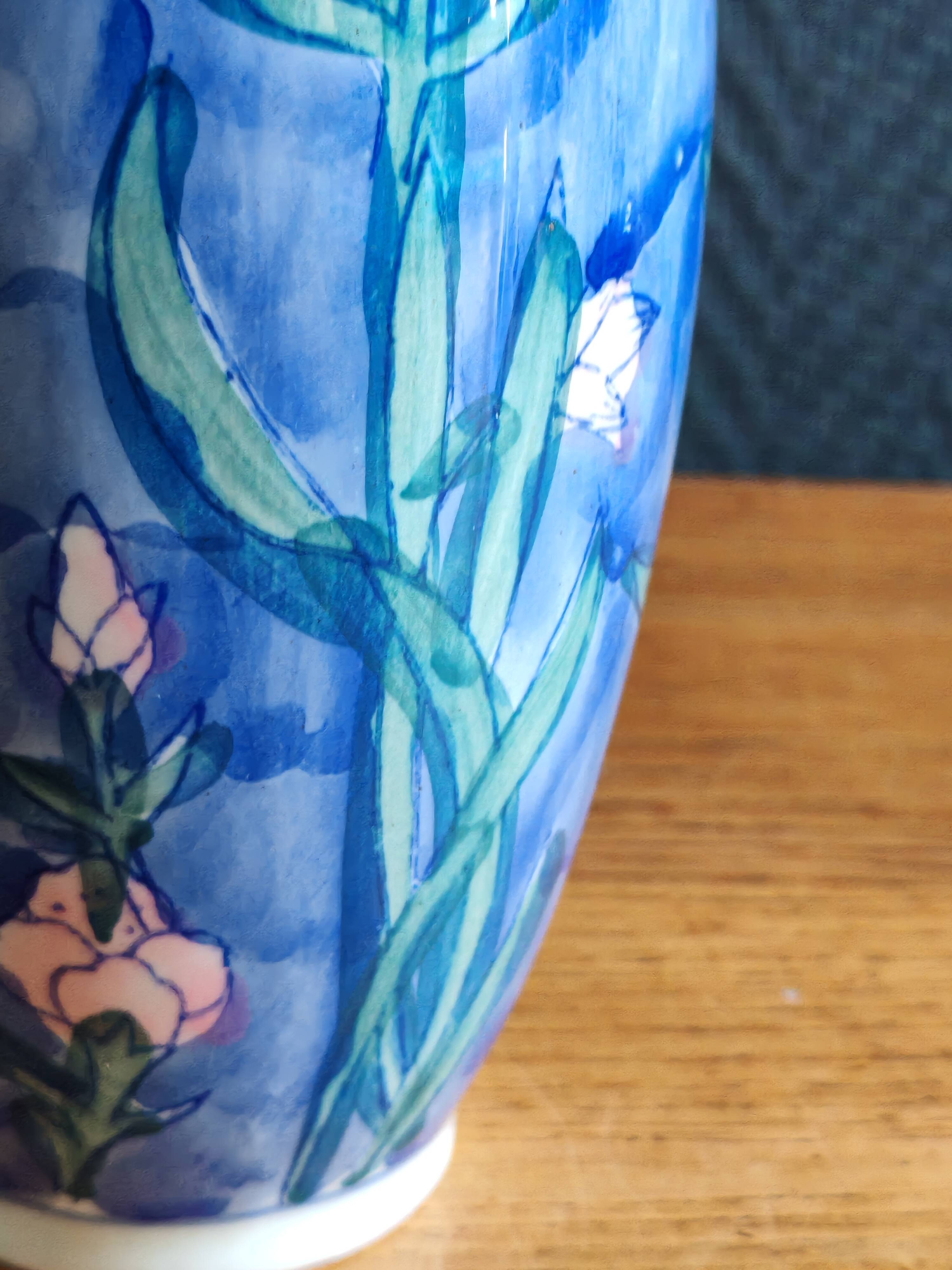 Vintage Blue Ceramic Vase with Pink Floral Decoration, Shabby Chic Style