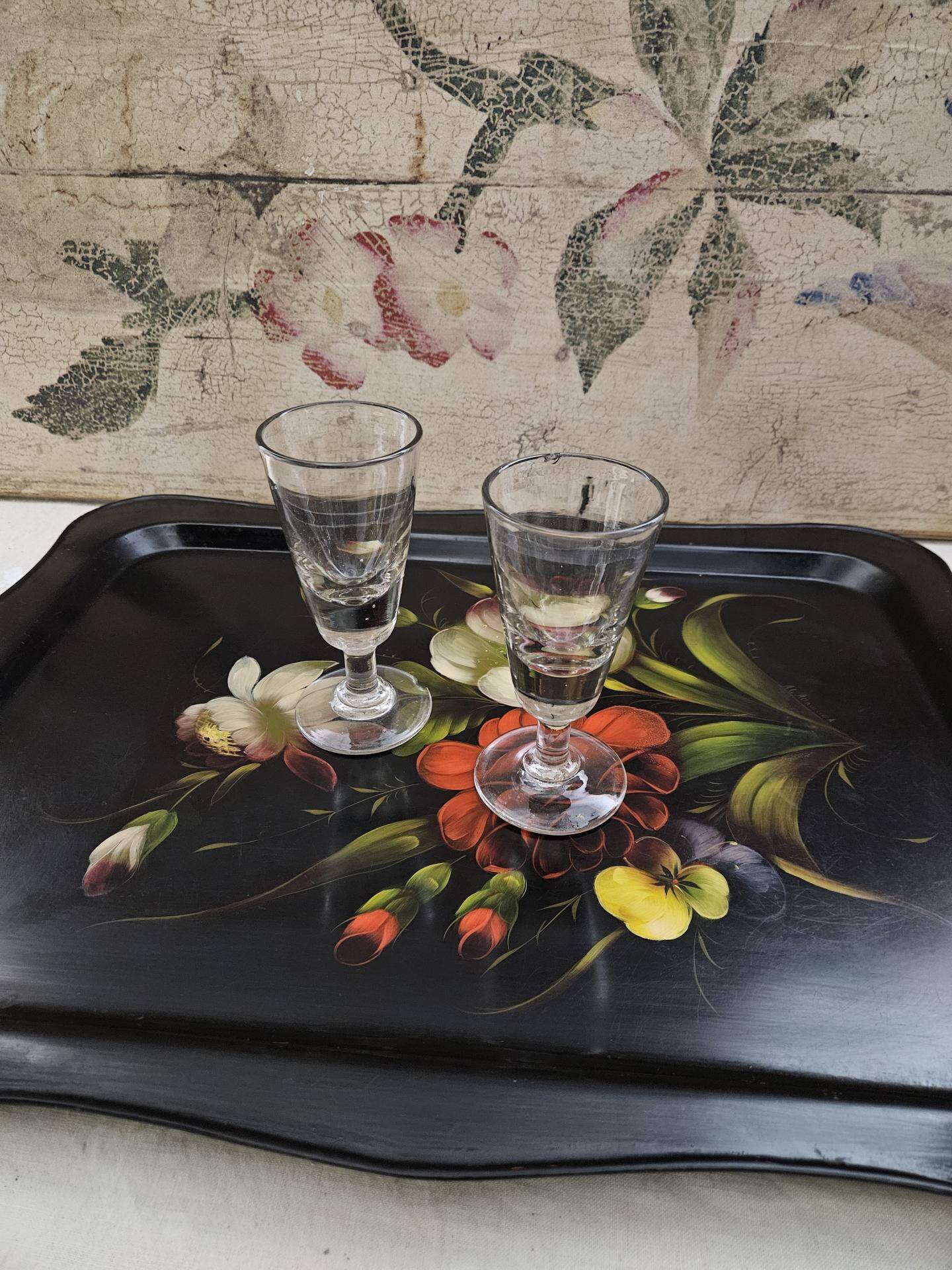 Large antique tray with flowers