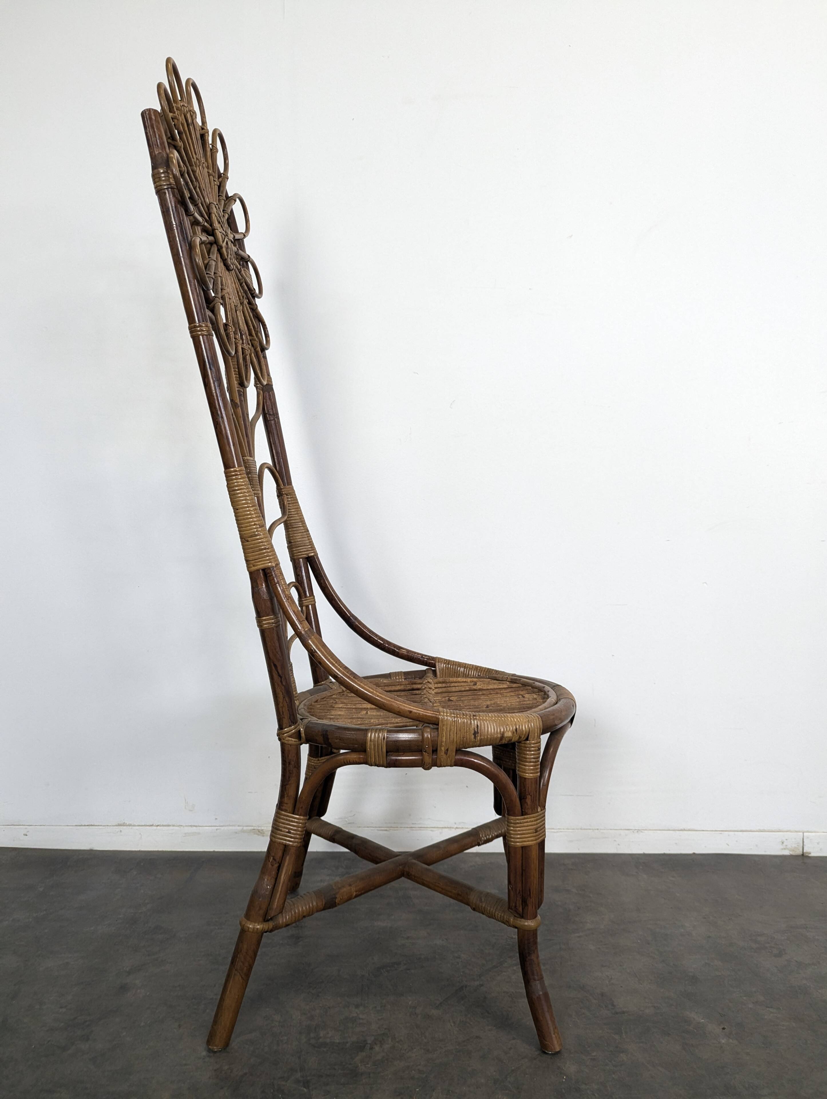 Set of 4 bamboo and rattan chairs with sunflower decoration.