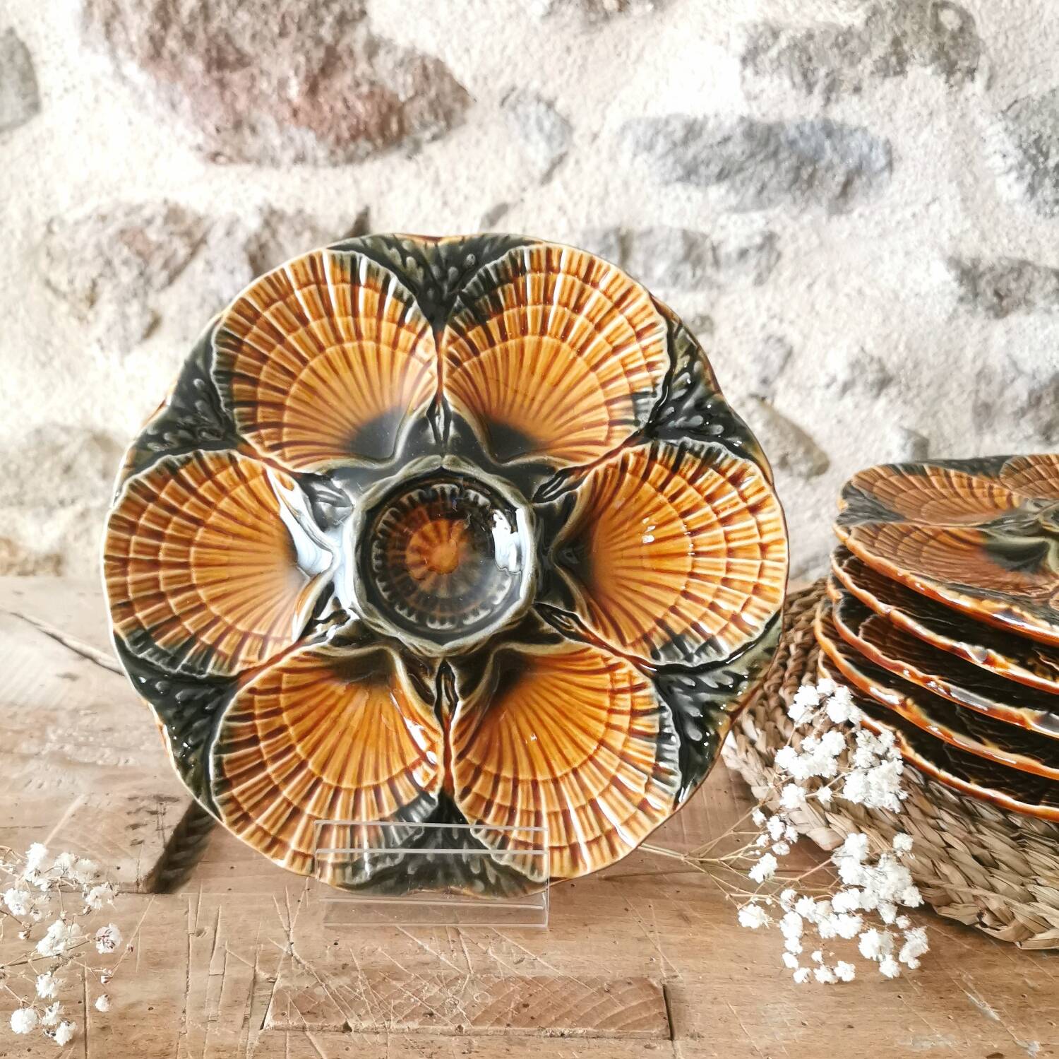 6 Oyster Plates, Seafood in Barbotine, Sarreguemines