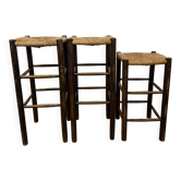 Set of 3 wooden stools with straw seats – Charlotte Perriand style