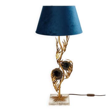 Sculptural lamp in gilded brass and geodes, 1970s