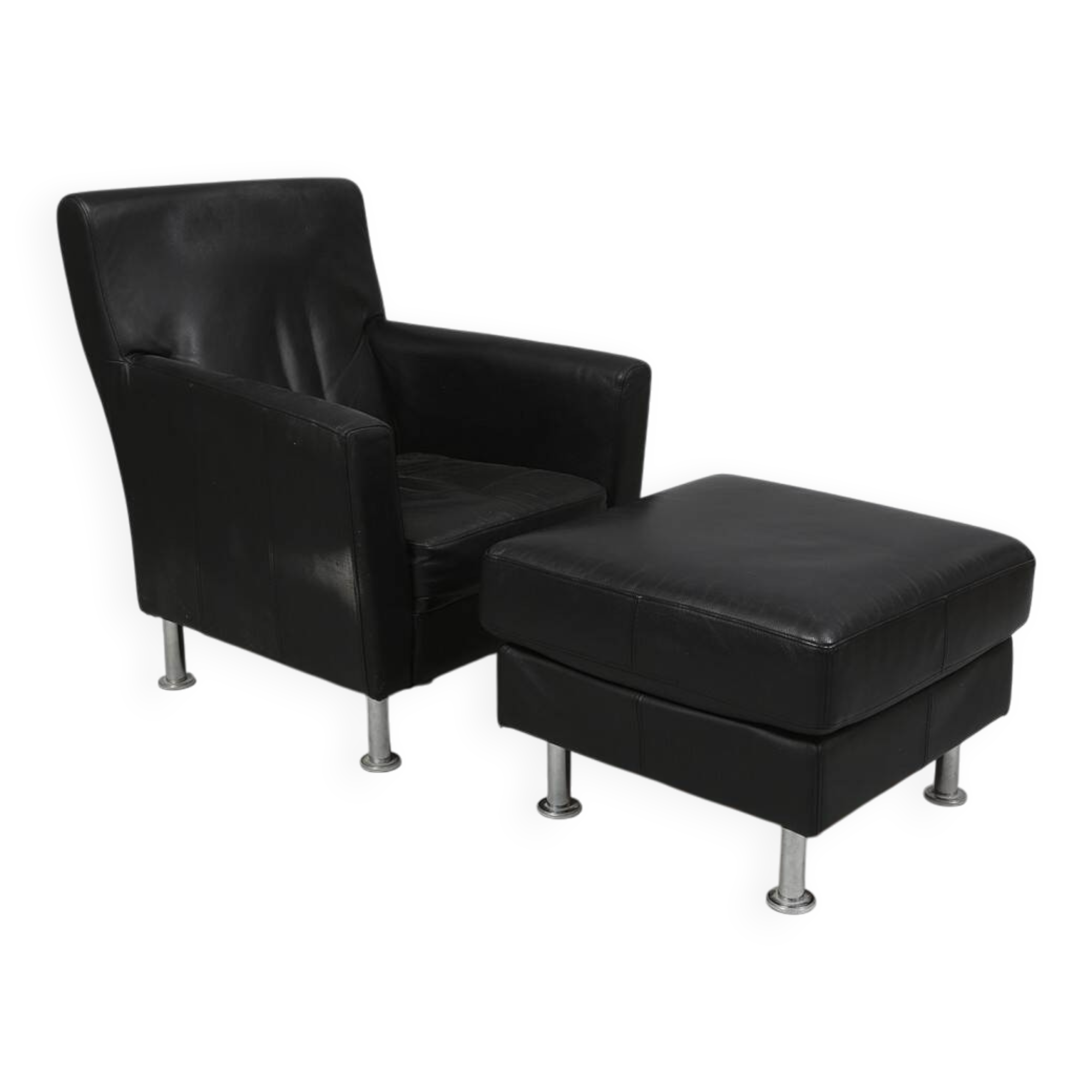Modern Lounge Armchair with Matching Footstool — Black Leather