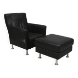 Modern Lounge Armchair with Matching Footstool — Black Leather