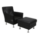 Modern Lounge Armchair with Matching Footstool — Black Leather