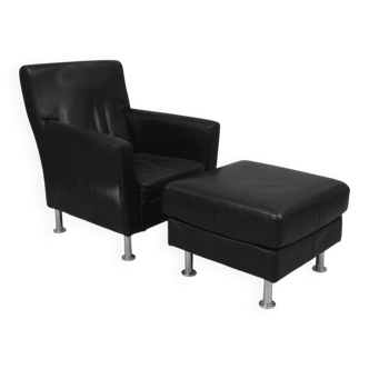 Modern Lounge Armchair with Matching Footstool — Black Leather
