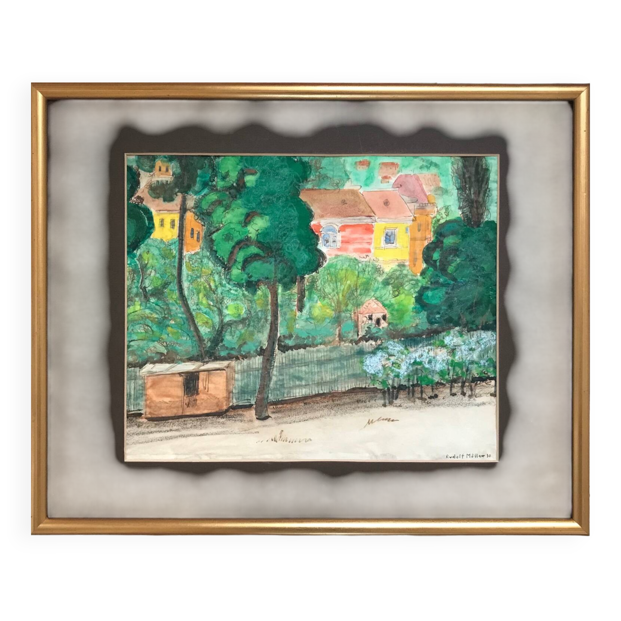Rudolf möller 1881-1967. the houses, 1930. gouache. sbd. 30x40. frame