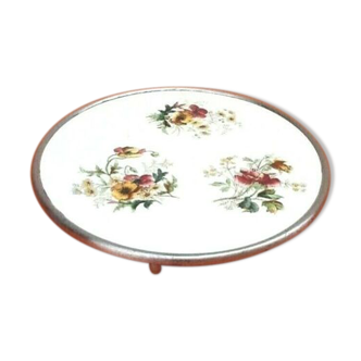 Dessous de plat faïence polychrome  décor floral cerclage étain années 1920