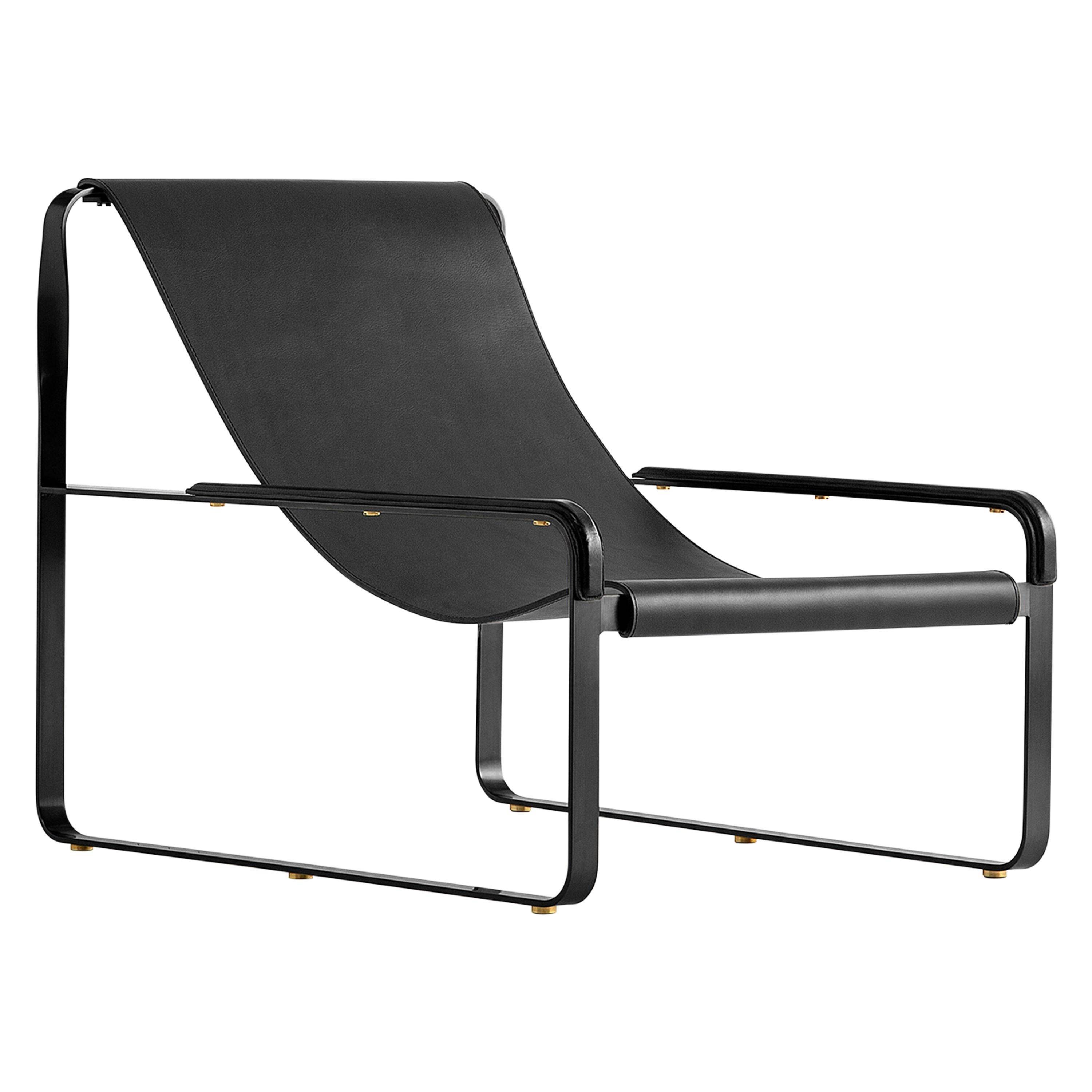 Classic Minimalist Contemporary Chaise Longue Smoke Black Metal and Black Leather