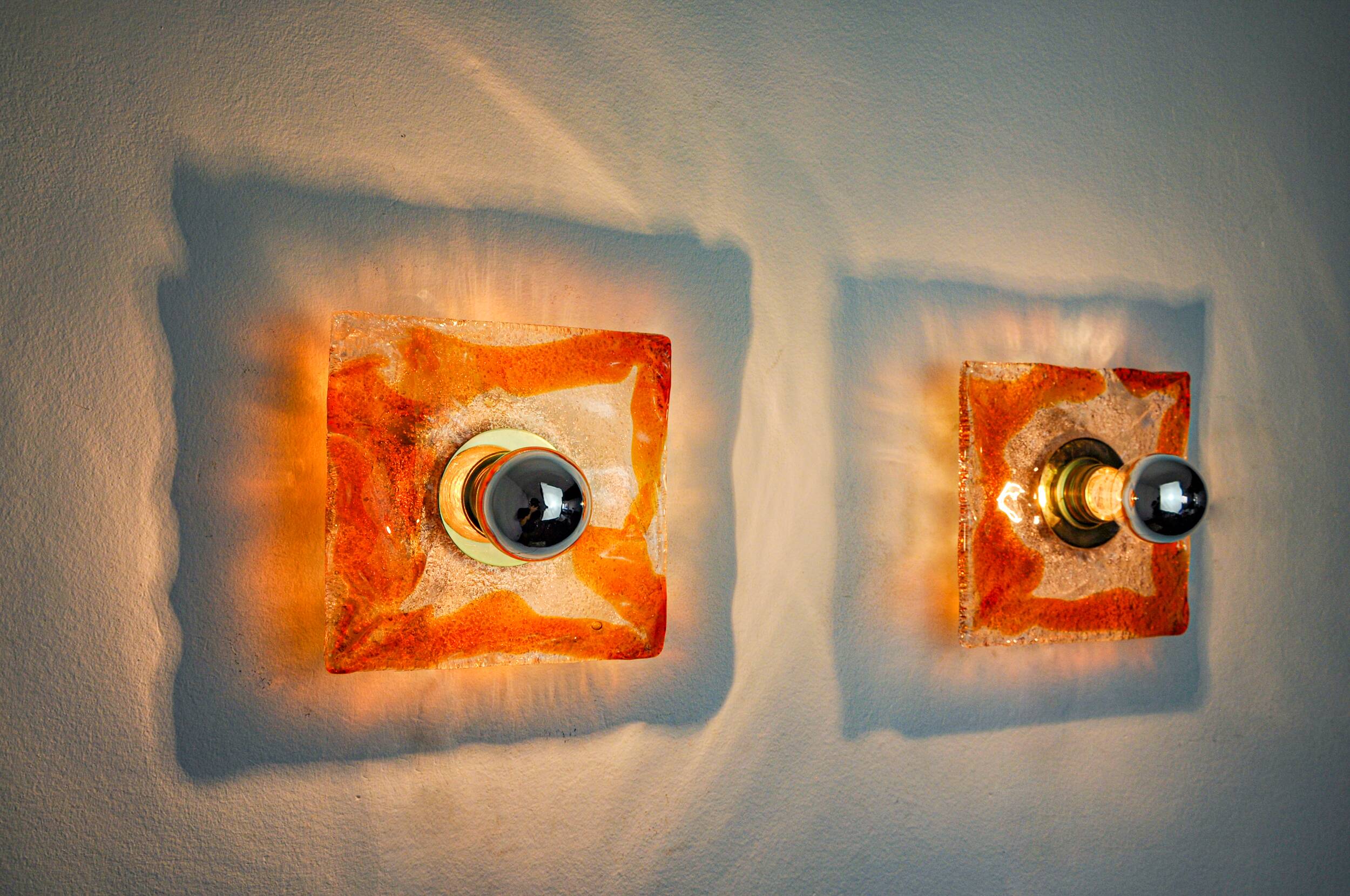 Pair of square wall lights by Murano Mazzega in orange frosted glass, Italy, 1970