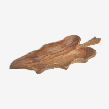 Plateau corbeille en bois vintage forme feuille