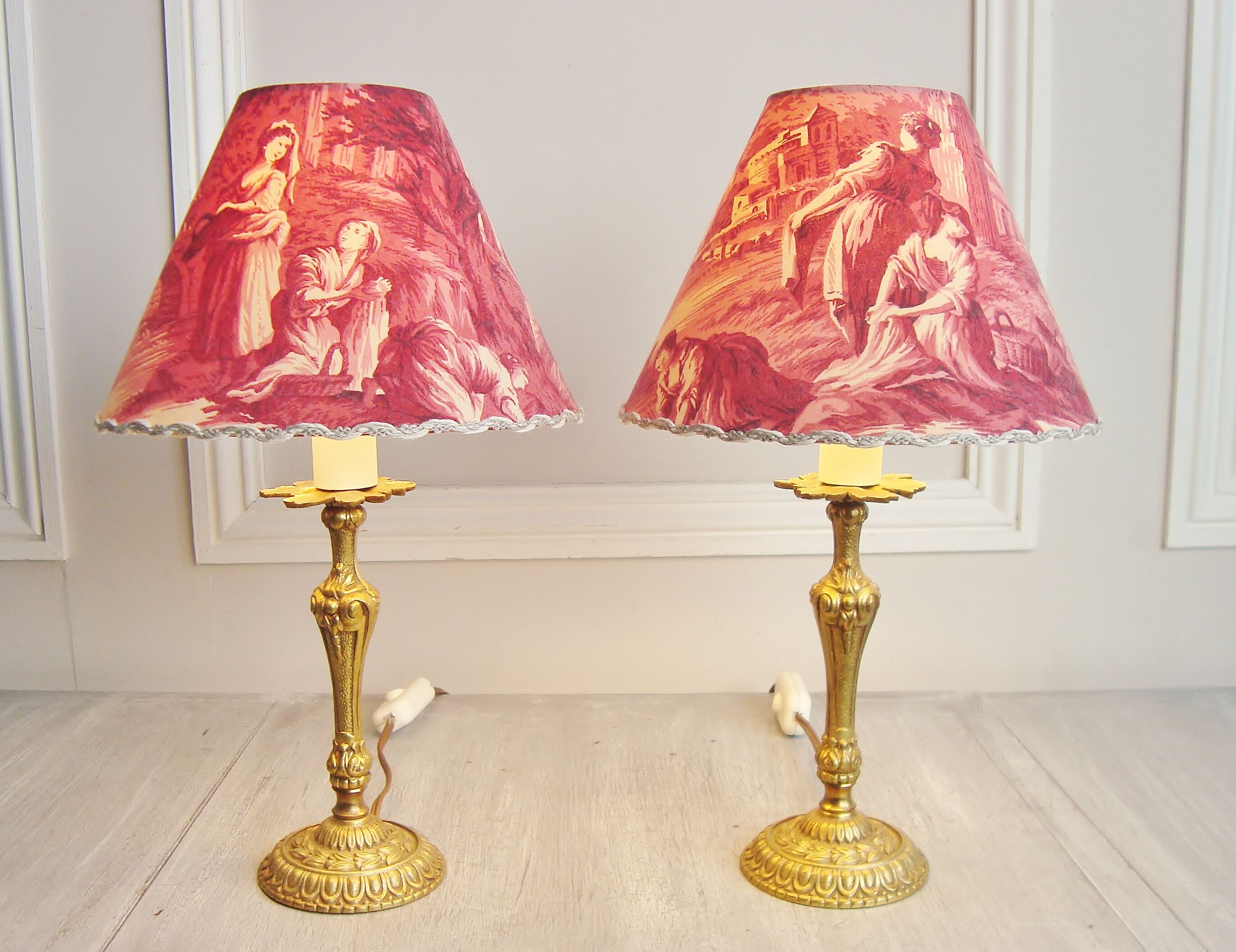 Pair of brass lamps with handmade lampshades in vintage toile de Jouy fabric