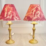 Pair of brass lamps with handmade lampshades in vintage toile de Jouy fabric