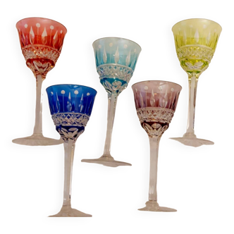 Cut wine glasses, colored, in Saint-Louis crystal