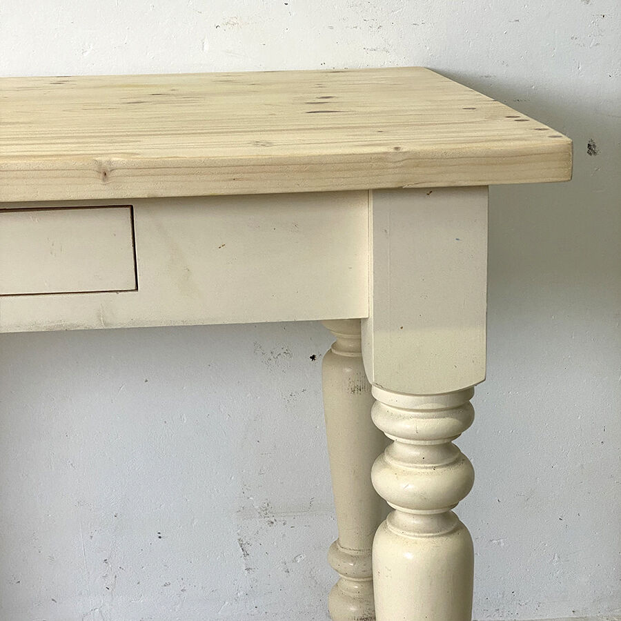 Table, legs light beige, top solid wood raw