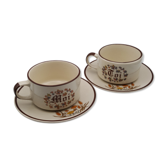 Tête à tête petit déjeuner en grès décor floral toi et moi tasse et soucoupe
