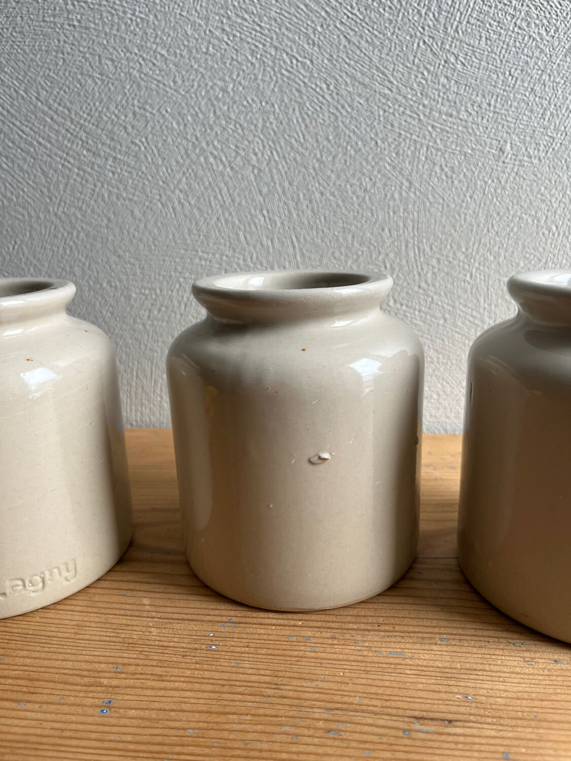 Old glazed stoneware mustard pots